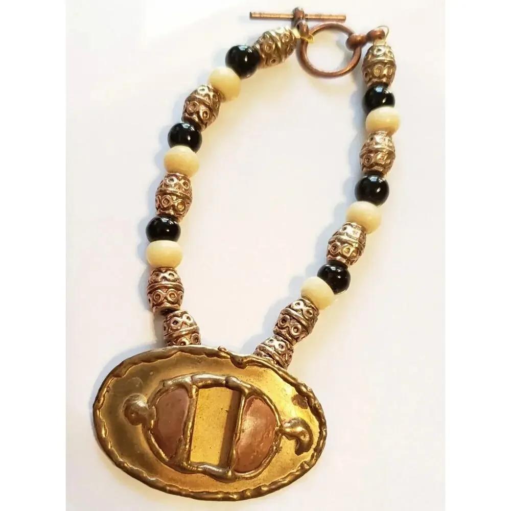 Vintage Brutalist Bracelet- Beaded Copper &‎ Brass Statement Bracelet gbr-7